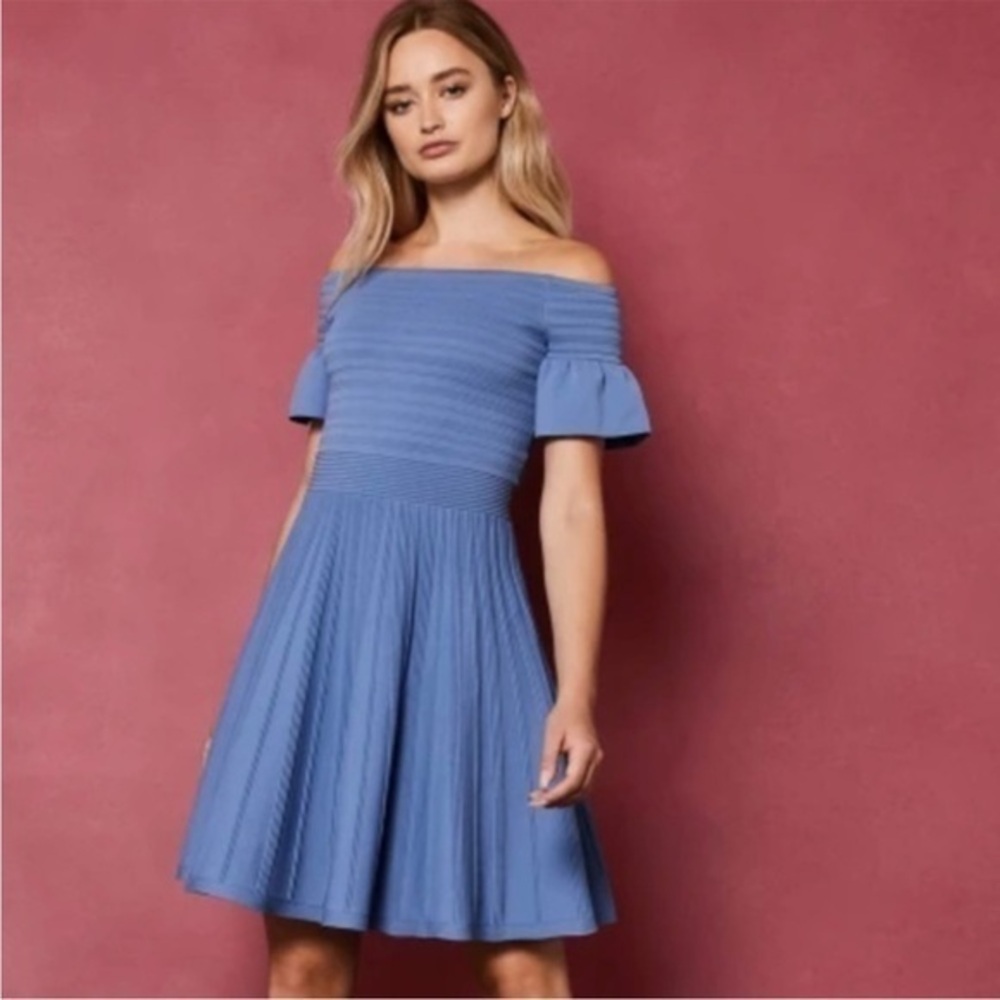Ted Baker Criptum Bardot Frill Knitted Skater Dress Blue Ted Size 2 US Size 6